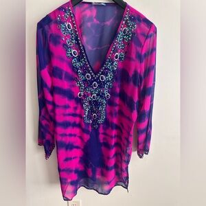 Cover Up “”Vibrant Fuchsia & Purple Beaded Sequined Swimsuit/Beach”